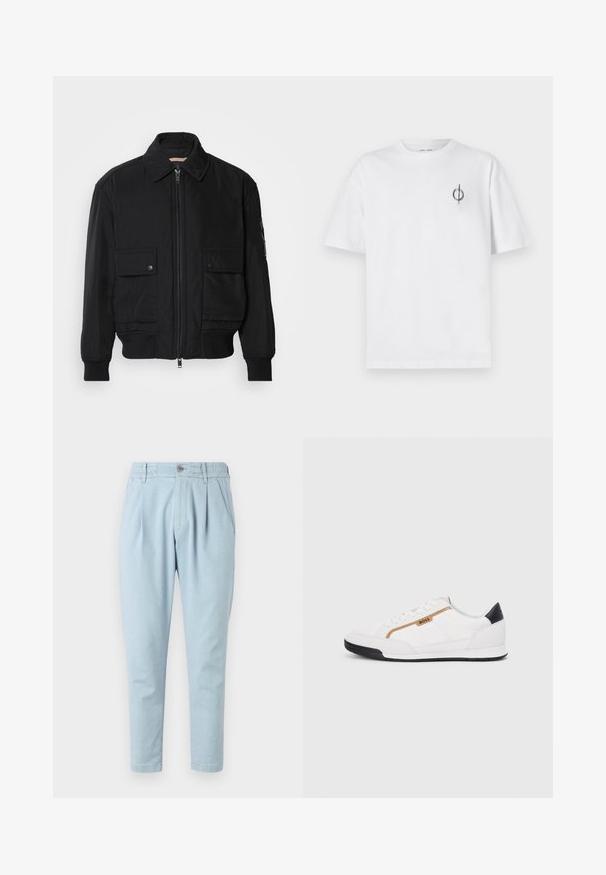 Giacca bomber nera realizzata in tessuto morbido e leggero. Caratterizzata da una chiusura con zip frontale, due tasche sul petto con bottone e polsini a costine.; T-shirt in cotone bianco con vestibilità rilassata, presenta un piccolo logo grafico nero nella zona sinistra del petto. Maniche corte, collo a giro.; Pantaloni azzurri chiari in tessuto testurizzato, con chiusura a bottone, vita elastica e due tasche laterali. Design a gamba affusolata.; Scarpe sportive bianche con accenti in rete e pelle. Presentano un logo dorato "BOSS", pannelli laterali testurizzati e un copri tallone nero. Suola in gomma.