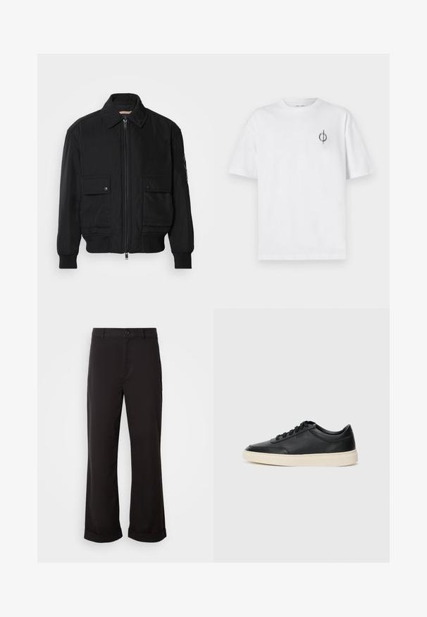 Must mustrakk musth kergestikuti kergemest kuduklett, kergete vestid valjase tormakate. Omab fasadi lukkumist, kahte nööbül pulsiv кофейня ning ribitud käiseid.; Valge puuvillane t-särk lõdva sobivusega, millel on vasakul rinnal väike must graafiline logo. Lühikesed varrukad, ümmargune kaelus.; Mustad sirgedega mustad püksid, valmistatud kergest kangast. Omavad klassikalist nuppude sulgemist ja rullitud ääri.; Mustad musta nahast madal sneaker mustade nööpidega ja kreemivalge tallaga, nähtud külgprofiilis valge tausta ees.