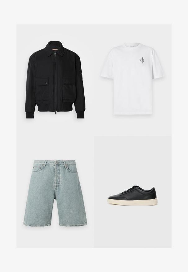 Juodas bomber stiliaus švarkas, pagamintas iš sklandaus, lengvo audinio. Su užtrauktuku priekyje, dviem kišenėmis su sagomis ant krūtinės ir guma apykaklėje.; Balta medvilninė marškinė su laisvu siluetu, su mažą juodą grafiką logotipą kairėje krūtinės pusėje. Trumpomis rankovėmis, apvaliu kaklu.; Šviesiai mėlyni džinsiniai šortai su laisvu siluetu, penkiomis kišenėmis ir užsegimu kniedėmis. Dėvėta tekstūra su matomais siuvimo detalėmis.; Juoda žema viršutinė odinė sportbačiai su juodais raišteliais ir kreminiu padu, pateikti šoniniame profilyje ant baltos fono.