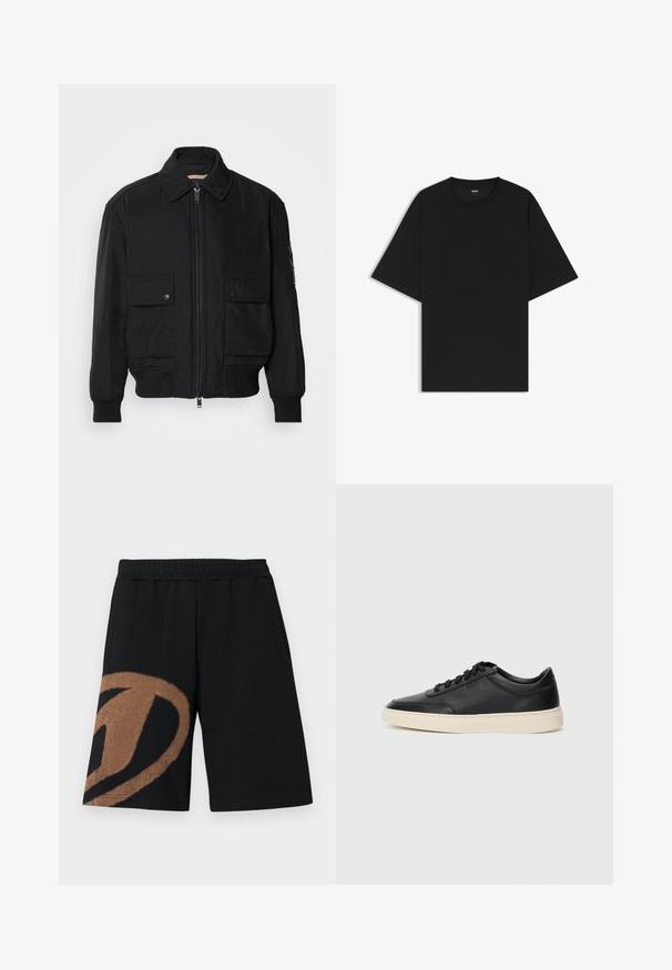 Sort bomberjakke lavet af glat, letvægtsstof. Har lynlås foran, to knap-lukkede brystlommer og ribbede manchetter.; Sort kortærmet T-shirt med rund hals og afslappet pasform samt en lille "BOSS"-etiket på indersiden af kraven.; Sorte shorts med elastisk talje, store brune abstrakte mønstre på venstre ben og sidelommer.; Sort lavt top lædersneaker med sorte snørebånd og off-white sål vist i sideprofil på hvid baggrund.