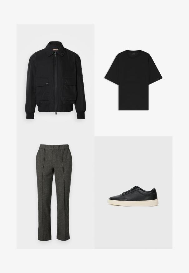 Giacca bomber nera realizzata in tessuto morbido e leggero. Caratterizzata da una chiusura con zip frontale, due tasche sul petto con bottone e polsini a costine.; Maglietta nera a maniche corte con scollo rotondo, dalla vestibilità rilassata e un piccolo etichetta "BOSS" all'interno del colletto.; Pantaloni grigi su misura con un tessuto testurizzato, dotati di una vita elastica, gambe dritte e dettagli con piega frontale.; Sneaker in pelle nera a basso profilo con lacci neri e suola avorio, mostrato di profilo su sfondo bianco.