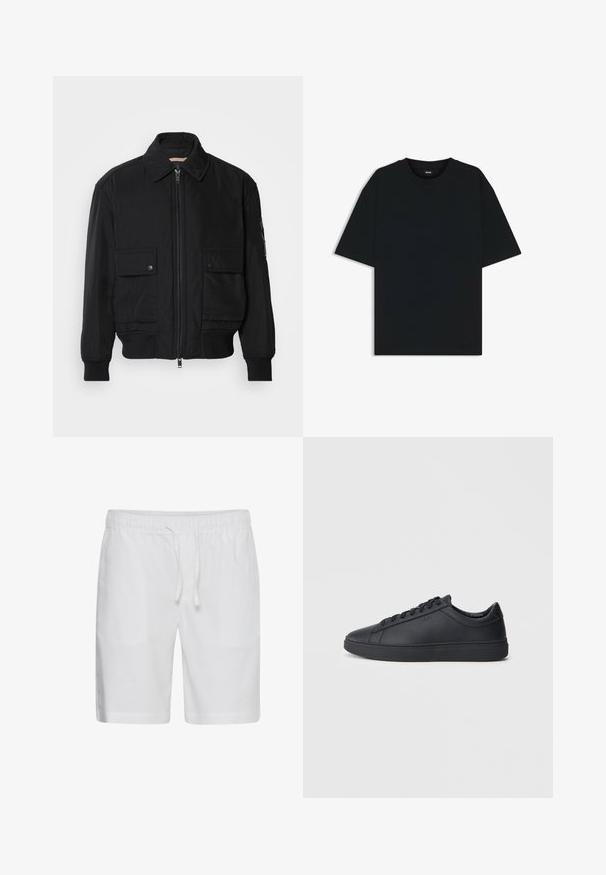 Black bomber jacket made of smooth, lightweight fabric. Features a zip front, two buttoned chest pockets, and ribbed cuffs.; Black cotton t-shirt with a round neckline and short sleeves. Features a loose fit and a simple design without patterns or accents.; Casual Friday CFPHELIX LINEN MIX - Shorts - bright white; Black sneakers made of smooth leather with a low-top design, round toe, and flat rubber sole. Features laces and subtle branding.