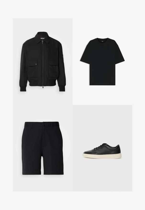 Schwarze Bomberjacke aus glattem, leichtem Stoff. Mit einem Reißverschluss vorne, zwei aufknöpfbaren Brusttaschen und gerippten Bündchen.; Schwarzes Baumwoll-T-Shirt mit rundem Halsausschnitt und kurzen Ärmeln. Verfügt über einen lockeren Schnitt und ein schlichtes Design ohne Muster oder Akzente.; Schwarze Shorts aus einem Baumwoll-Mischgewebe, mit klassischem Schnitt, frontalen Taschen und einem Knopfverschluss an der Taille.; Schwarzer niedriger Ledersneaker mit schwarzen Schnürsenkeln und cremefarbenem Sohlenrand, seitlich auf weißem Hintergrund dargestellt.