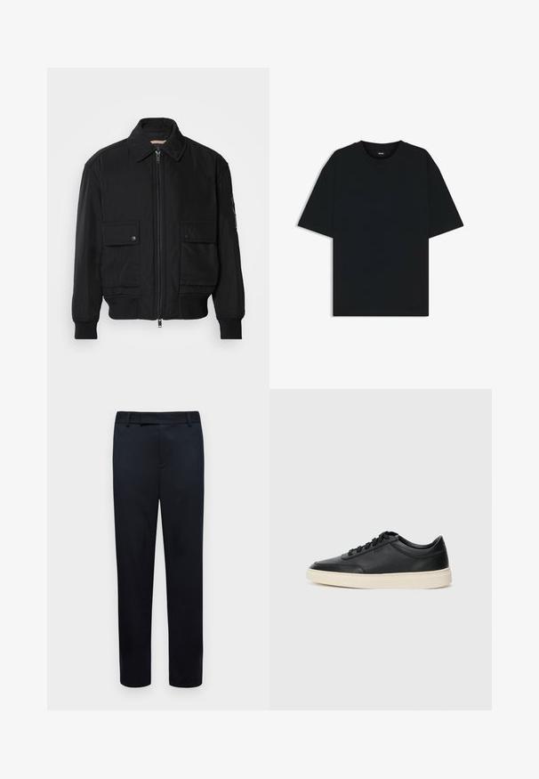 Black bomber jacket made of smooth, lightweight fabric. Features a zip front, two buttoned chest pockets, and ribbed cuffs.; Black cotton t-shirt with a round neckline and short sleeves. Features a loose fit and a simple design without patterns or accents.; Black trousers with a tailored fit. Features a smooth texture, belt loops, and front pocket openings. Straight leg design.; Black low-top leather sneaker with black laces and off-white sole shown in side profile on white background.