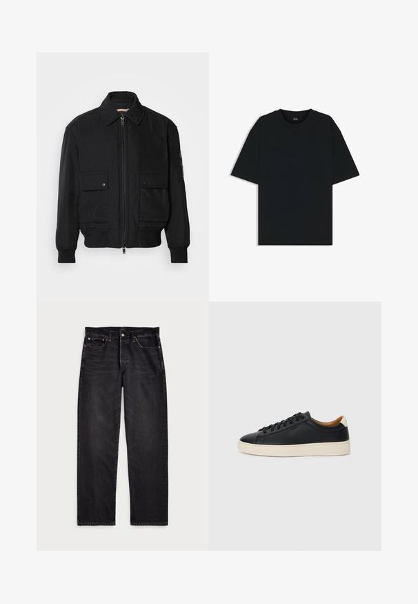 Svart bomberjacka gjord av mjukt, lättviktigt tyg. Har dragkedja fram, två knappade bröstfickor och ribbade ärmslut.; Svart bomullströja med rund hals och korta ärmar. Har en lös passform och en enkel design utan mönster eller accenter.; Svarta denimjeans med rak passform, med kontrastsöm, knappgylf och fem fickor. Texturerad tyg med en slät yta.; Svarta lädersneakers med en slät yta, beige gummisula, snörning och en kontrasterande hälackcent.