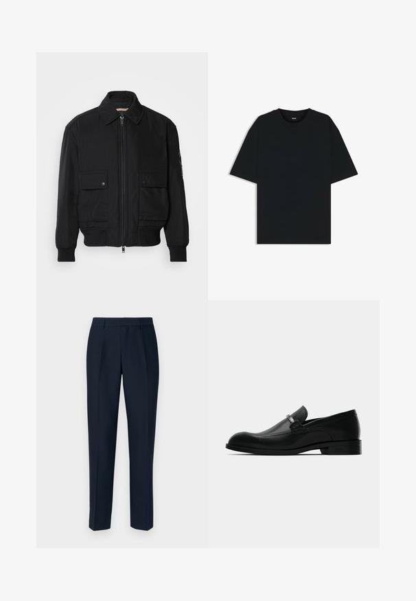Musta pommijakku, joka on valmistettu sileästä, kevyestä kankaasta. Varusteena vetoketjukiinnitys, kaksi napillista rintataskua ja ribbattu hihansuu.; Musta puuvillainen t-paita, jossa on pyöreä kaula-aukko ja lyhyet hihat. Ominaisuuksiin kuuluu löysä istuvuus ja yksinkertainen muotoilu ilman kuvioita tai yksityiskohtia.; Meripihkaliitokset suorat housut, joissa on etupleisit, sileä rakenne ja tavalliset vyölenkit.; Musta nahkainen miesten loafer, jossa on metallisolkiyksitys, matala korko ja brändätty pohja, esitelty sivulta valkoista taustaa vasten.