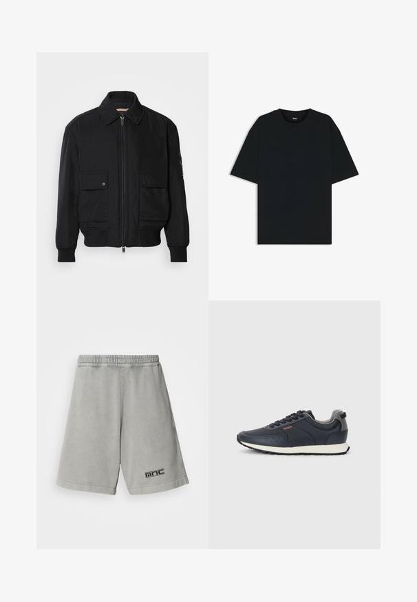 Zwarte bomberjack gemaakt van soepel, lichtgewicht materiaal. Voorzien van een ritssluiting aan de voorkant, twee knoopsluitingen op de borstzakken en geribbelde manchetten.; Zwarte katoenen T-shirt met een ronde hals en korte mouwen. Heeft een losse pasvorm en een eenvoudig ontwerp zonder patronen of accenten.; Lichtgrijze katoenen shorts met een elastische tailleband, met een zwart logo aan de onderlinkerzijde en een gladde, effen textuur.; Marineblauwe sneakers met een gladde synthetische bovenkant, ronde neus, grijze accenten, vetersluiting en een witte tussenzool met een gestructureerde zwarte buitenzool.