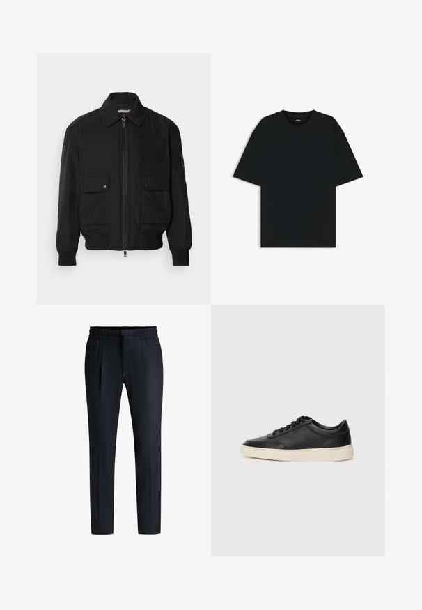 Zwarte bomberjack gemaakt van soepel, lichtgewicht materiaal. Voorzien van een ritssluiting aan de voorkant, twee knoopsluitingen op de borstzakken en geribbelde manchetten.; Zwarte katoenen T-shirt met een ronde hals en korte mouwen. Heeft een losse pasvorm en een eenvoudig ontwerp zonder patronen of accenten.; Navyblauwe broek met een elastische tailleband, een trekkoord en plooien. Gemaakt van een gladde stof, met een getailleerde pasvorm en rechte pijpen.; Zwarte leren sneaker met lage schacht, zwarte veters en off-white zool, weergegeven in zijprofiel op een witte achtergrond.