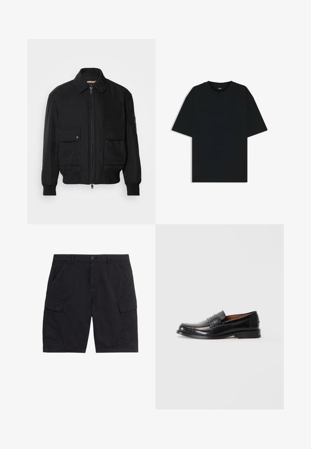 Chaqueta bomber negra de tejido suave y ligero. Cuenta con cierre de cremallera en la parte delantera, dos bolsillos en el pecho con botón y puños acanalados.; Camiseta de algodón negra con cuello redondo y mangas cortas. Presenta un corte holgado y un diseño sencillo sin patrones ni acentos.; Pantalones cortos cargo negros con botón y cremallera delanteros, dos bolsillos laterales, dos bolsillos cargo con solapa y presillas para cinturón.; Mocasín de cuero negro con punta redondeada, detalle de costura elevada en el empeine y un tacón bajo apilado. Textura suave y diseño formal.