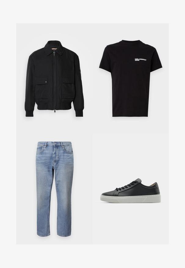 Črna bomberska jakna iz gladkega, lahkega materiala. Ima zadrgo spredaj, dva žepa na prsih s preklopom in rebraste manšete.; Črna majica iz bombaža, z okroglim izrezom in kratkimi rokavi. Opozorljiv bel logotip na levi strani prsnega dela. Enostaven dizajn.; Svijetloplave traperice ravnog kroja, s dizajnom od pet džepova, vidljivim šavovima i dugmetom za zatvaranje u struku.; Črne usnjene teniske z gladko teksturo, okroglo konico in črnimi vezalkami. Imajo debel bel gumijast podplat s subtilnimi geometrijskimi poudarki.