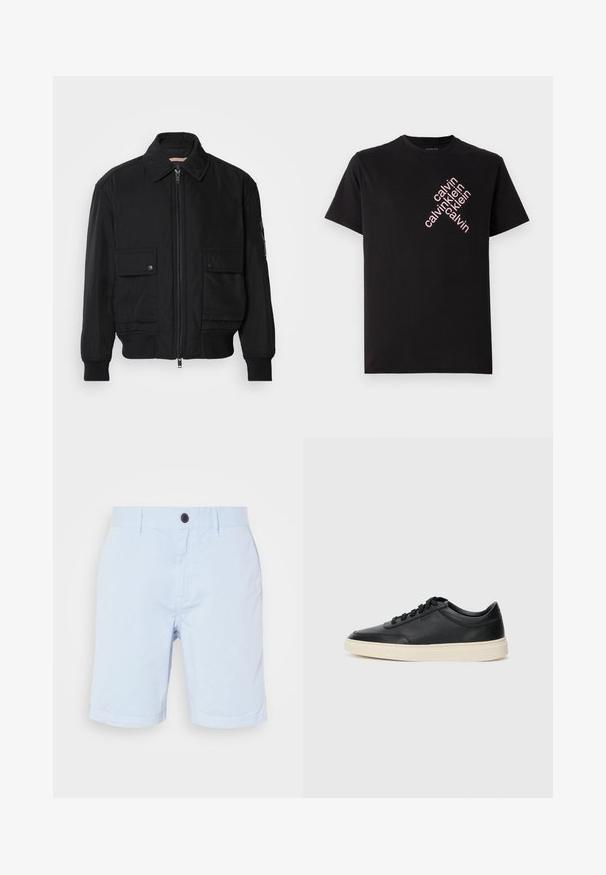 Černá bomber bunda vyrobená z hladkého, lehkého materiálu. Má zipový přední díl, dvě kapsy na hrudi s knoflíky a vroubkované manžety.; Černé bavlněné tričko s diagonálním růžovým potiskem loga "calvin klein" na přední straně. Krátké rukávy a zaoblený výstřih.; Světle modré bavlněné šortky s předním zapínáním na knoflík, poutky na pás a rovnými nohavicemi. Hladká textura bez viditelných vzorů.; Černé kožené nízké tenisky s černými tkaničkami a slonovinovou podešví, zobrazené v bočním profilu na bílém pozadí.