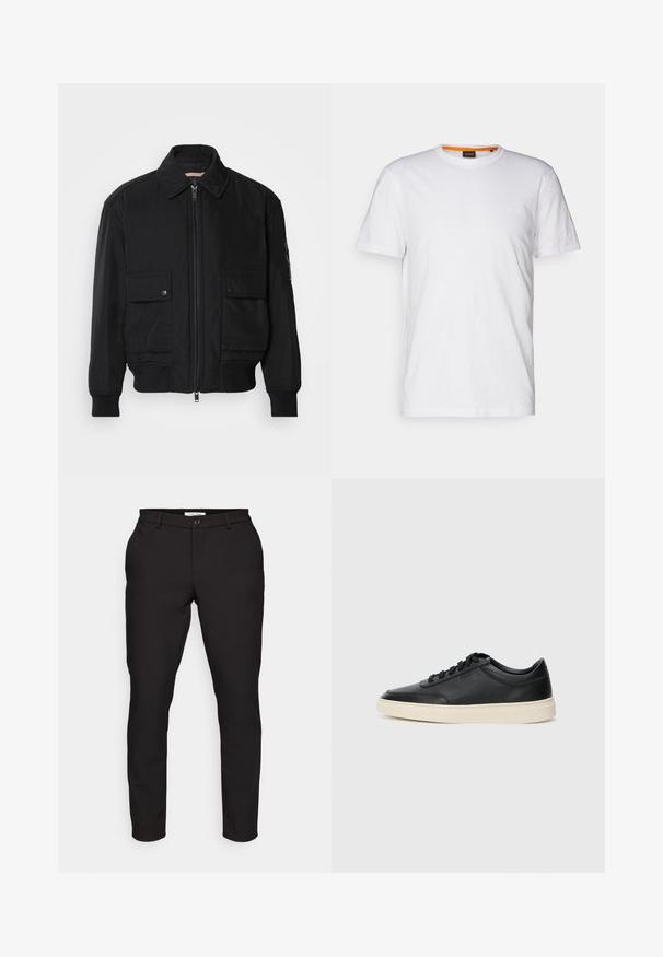 Black bomber jacket made of smooth, lightweight fabric. Features a zip front, two buttoned chest pockets, and ribbed cuffs.; White cotton T-shirt with a crew neck, short sleeves, and a subtle embossed logo on the chest. Interior tag has an orange accent.; Black tailored trousers with a slim fit. Features a zip fly, button closure, side pockets, and smooth, lightweight fabric.; Black low-top leather sneaker with black laces and off-white sole shown in side profile on white background.