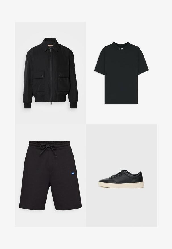 Czarna kurtka bombowiec wykonana z gładkiego, lekkiego materiału. Posiada zamek błyskawiczny z przodu, dwie kieszenie na piersi zapinane na guziki oraz ściągacze przy mankietach.; Czarna koszulka z krótkim rękawem, z okrągłym dekoltem i małym białym logo "BOSS" na wewnętrznej stronie kołnierza z tyłu.; Czarne bawełniane szorty z elastycznym ściągaczem w pasie, posiadające boczne kieszenie oraz małą niebieską naszywkę z logo z przodu. Gładka tekstura.; Czarne niskie skórzane sneakersy z czarnymi sznurówkami i off-white podeszwą, prezentowane w profilu bocznym na białym tle.
