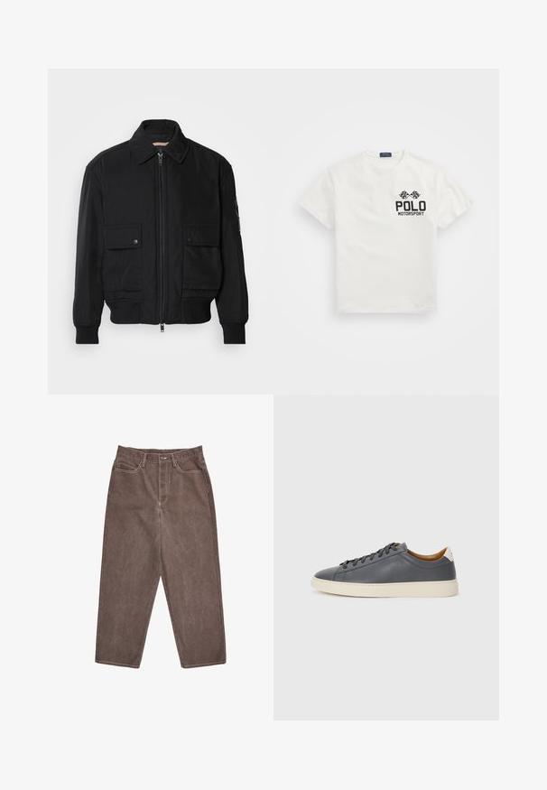 Zwarte bomberjack gemaakt van soepel, lichtgewicht materiaal. Voorzien van een ritssluiting aan de voorkant, twee knoopsluitingen op de borstzakken en geribbelde manchetten.; Witte katoenen T-shirt met een ronde hals, voorzien van een zwart "Polo Motorsport" logo en gekruiste geblokte vlaggen op de linkerborst.; Bruine denim broek met een recht model, voorzien van contrasterende witte stiksels en een standaard tailleband met een knoopsluiting aan de voorkant.; Grijze leren sneaker met ronde neus, rubberen zool, platte veters en lichte accenten op de hiel. Gladde textuur en minimalistisch ontwerp.