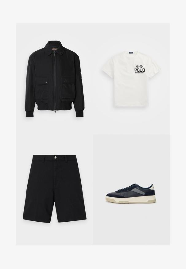 Veste bomber noire en tissu lisse et léger. Dotée d'une fermeture éclair à l'avant, de deux poches poitrines boutonnées et de poignets côtelés.; T-shirt en coton blanc avec un col rond, arborant un logo noir "Polo Motorsport" et des drapeaux à damier croisés sur le côté gauche de la poitrine.; Shorts en coton noir avec une ceinture dotée d'un bouton en argent, design à jambe droite et détails de couture minimalistes pour un look épuré.; BOSS BALTIMORE - Baskets basses - open blue