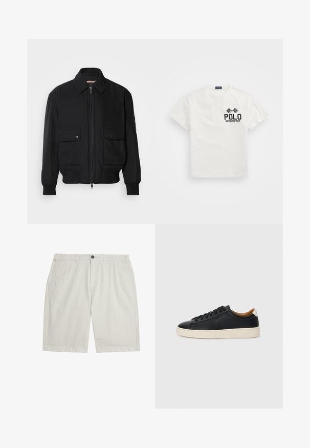 Black bomber jacket made of smooth, lightweight fabric. Features a zip front, two buttoned chest pockets, and ribbed cuffs.; White cotton T-shirt with a round neck, featuring a black "Polo Motorsport" logo and crossed checkered flags on the left chest.; Light beige knee-length shorts with front pockets, belt loops, button closure, and clean, smooth fabric.; Black leather sneakers with a smooth texture, beige rubber sole, lace-up design, and a contrasting heel accent.