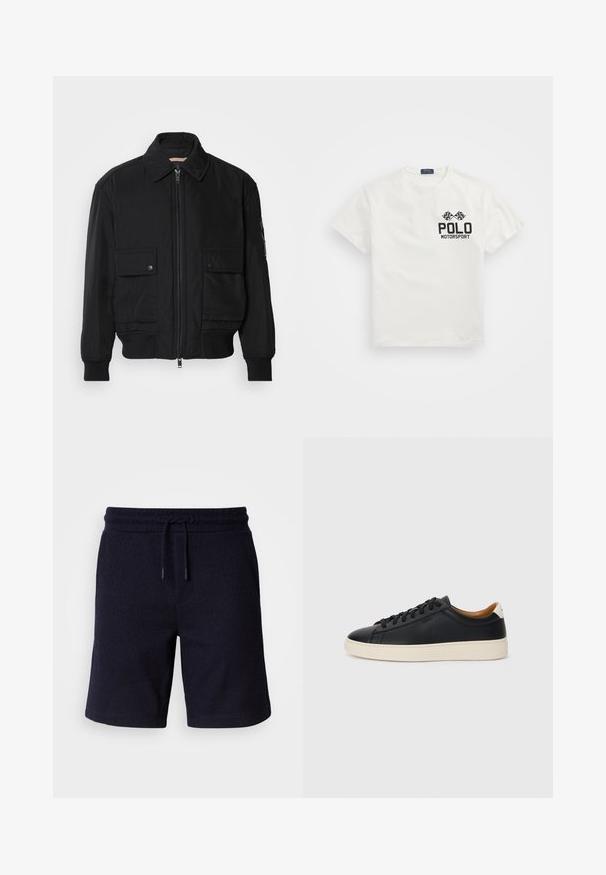 Jachetă bomber neagră, fabricată dintr-un material neted și ușor. Dispune de un fermoar frontal, două buzunare cu nasturi pe piept și manșete ribbrate.; Tricou alb din bumbac cu guler rotund, cu un logo negru "Polo Motorsport" și steaguri încrucișate pe partea stângă a pieptului.; Pantaloni scurți bleu marin cu talie elastică și șnur. Material texturat cu o finisare netedă, prezentând cusături laterale.; Căști din piele neagră cu o textură netedă, talpă din cauciuc bej, design cu șireturi și un accent contrastant la călcâi.