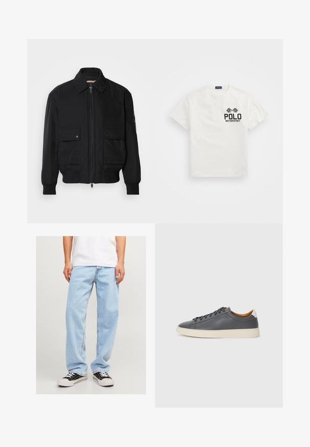 Black bomber jacket made of smooth, lightweight fabric. Features a zip front, two buttoned chest pockets, and ribbed cuffs.; White cotton T-shirt with a round neck, featuring a black "Polo Motorsport" logo and crossed checkered flags on the left chest.; Light blue denim jeans with a relaxed fit, featuring a straight leg design and standard stitching, paired with black sneakers.; Gray leather sneaker with round toe, rubber sole, flat laces, and light-colored accents on the heel. Smooth texture and minimalist design.