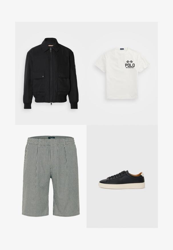 Zwarte bomberjack gemaakt van soepel, lichtgewicht materiaal. Voorzien van een ritssluiting aan de voorkant, twee knoopsluitingen op de borstzakken en geribbelde manchetten.; Witte katoenen T-shirt met een ronde hals, voorzien van een zwart "Polo Motorsport" logo en gekruiste geblokte vlaggen op de linkerborst.; Heren afgestemde shorts in een navy en crème geruite patroon. Heeft een platte voorkant, twee zijzakken en een tailleband met riemlussen.; Zwarte leren sneakers met een gladde textuur, beige rubberen zool, vetersluiting en een contrasterende hielaccent.