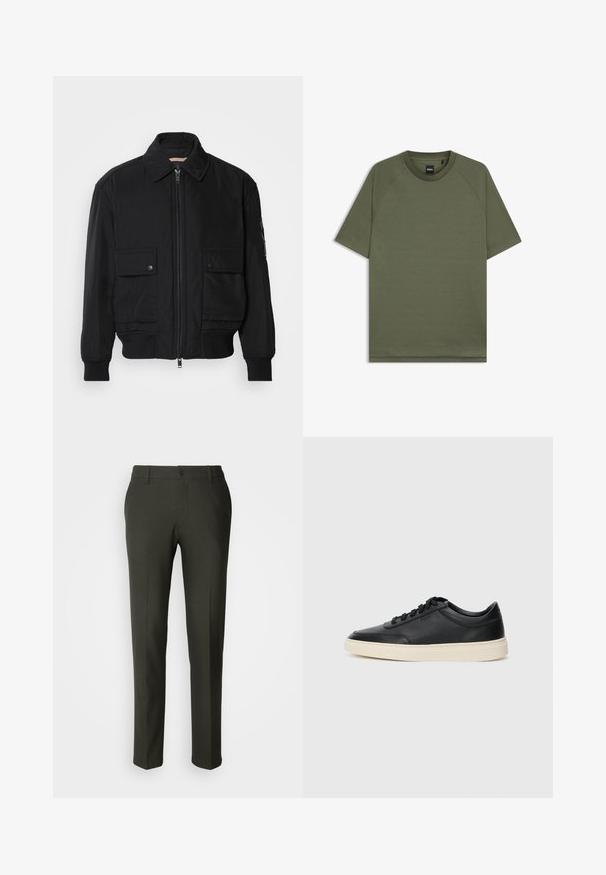 Čierna bomber bunda vyrobená z hladkej, ľahkej látky. Má zips na prednej strane, dve gombíkové vrecká na hrudi a ribbované manžety.; Jednoduché olivovo zelené tričko s krátkym rukávom, okrúhlym výstrihom a raglánovými rukávmi, so malou čiernou nálepkou "BOSS" vo vnútri goliera.; Les Deux COMO PANTS SEASONAL - Nohavice chinos - deep forest/charcoal; Čierne nízkoprevádzkové kožené tenisky s čiernymi šnúrkami a krémovou podrážkou zobrazené v bočnom profile na bielom pozadí.