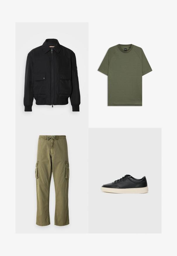 Sort bomberjakke lavet af glat, letvægtsstof. Har lynlås foran, to knap-lukkede brystlommer og ribbede manchetter.; Ensfarvet olivengrøn T-shirt med korte ærmer, rund hals og raglanærmer, med en lille sort "BOSS"-label indeni kraven.; Cargo bukser i olivengrøn bomuldsblanding, med elastisk talje og snøre, sidelommer til cargo og lige ben.; Sort lavt top lædersneaker med sorte snørebånd og off-white sål vist i sideprofil på hvid baggrund.