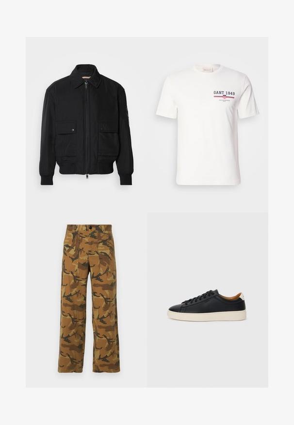 Chaqueta bomber negra de tejido suave y ligero. Cuenta con cierre de cremallera en la parte delantera, dos bolsillos en el pecho con botón y puños acanalados.; Camiseta de algodón blanca con mangas cortas, que presenta el logo "GANT 1949" en azul marino y rojo, y acentos de rayas horizontales en rojo y azul.; Pantalones cargo de patrón camuflaje en tonos marrones y verdes, hechos de tela ligera, con cuatro bolsillos y cierre de botón.; Zapatillas negras de cuero con una textura suave, suela de goma beige, diseño de cordones y un acento en el talón de color contrastante.