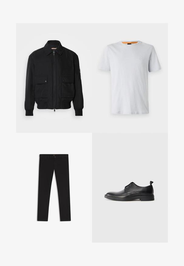 Black bomber jacket made of smooth, lightweight fabric. Features a zip front, two buttoned chest pockets, and ribbed cuffs.; Light gray short-sleeve t-shirt made of cotton, featuring a small logo patch on the chest and a contrasting orange accent on the neckline.; Black trousers made of fabric with a smooth texture. Features a button closure, belt loops, and side pockets. Standard straight-leg design.; Black leather men's dress shoe with lace-up closure and pull tab on heel, shown in side profile on plain white background.