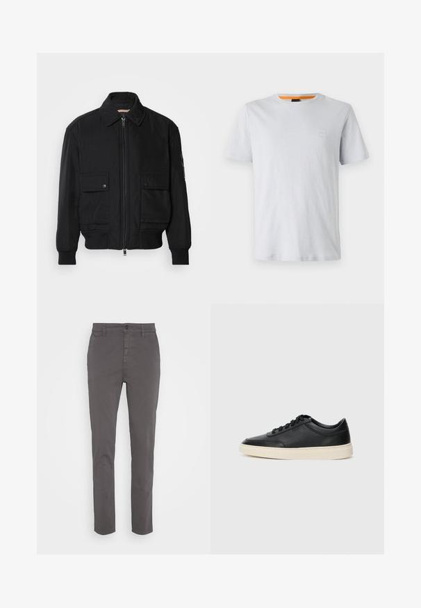Zwarte bomberjack gemaakt van soepel, lichtgewicht materiaal. Voorzien van een ritssluiting aan de voorkant, twee knoopsluitingen op de borstzakken en geribbelde manchetten.; Lichtgrijs t-shirt met korte mouwen van katoen, voorzien van een klein logopatch op de borst en een contrasterende oranje accent op de halslijn.; Grijze chino's met een slim fit, gemaakt van ademend katoen. Voorzien van een knoopsluiting en zijzakken, met een gladde, matte afwerking.; Zwarte leren sneaker met lage schacht, zwarte veters en off-white zool, weergegeven in zijprofiel op een witte achtergrond.