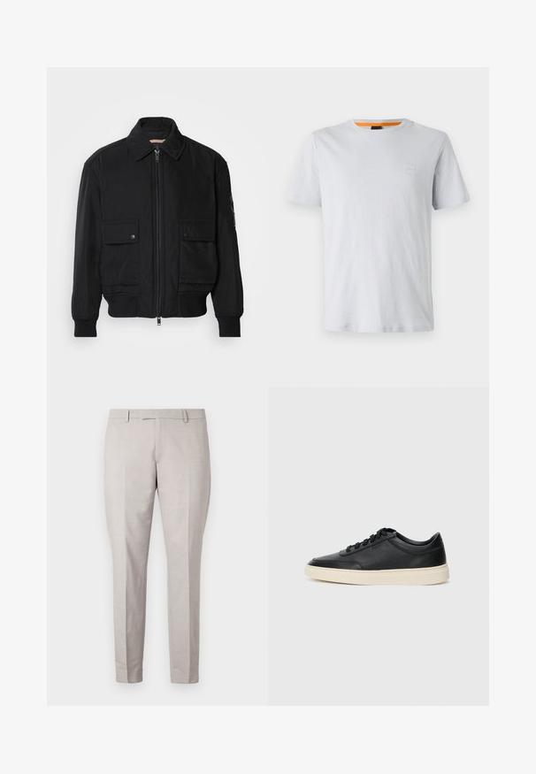 Čierna bomber bunda vyrobená z hladkej, ľahkej látky. Má zips na prednej strane, dve gombíkové vrecká na hrudi a ribbované manžety.; Svetlo šedé tričko s krátkym rukávom vyrobené z bavlny, ktoré má malé logo na hrudi a kontrastný oranžový akcent na výstrihu.; Svetlošedé nohavice z hladkej textílie, so plochým predným dielom, rovnými nohavicami a prispôsobeným pásom s pútkami na opasok.; Čierne nízkoprevádzkové kožené tenisky s čiernymi šnúrkami a krémovou podrážkou zobrazené v bočnom profile na bielom pozadí.