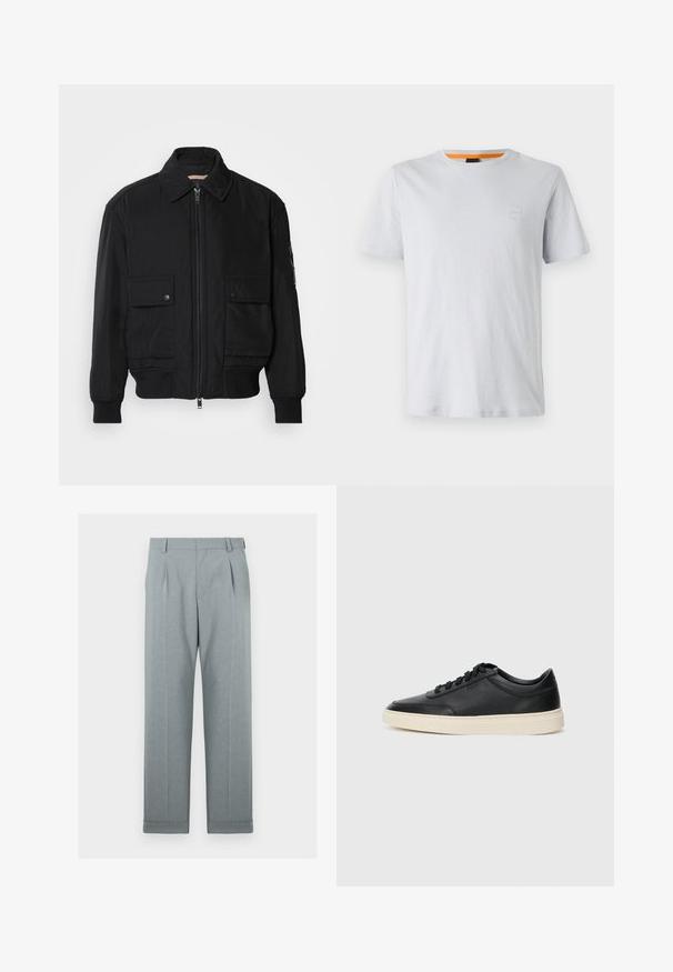 Veste bomber noire en tissu lisse et léger. Dotée d'une fermeture éclair à l'avant, de deux poches poitrines boutonnées et de poignets côtelés.; T-shirt gris clair à manches courtes en coton, avec un petit logo brodé sur la poitrine et un accent orange contrastant au niveau du col.; Pantalons gris clair en tissu texturé avec un design à jambes droites, plis simples et ourlets retroussés. Apparence minimaliste et sur mesure.; Baskets en cuir noires à tiges basses avec lacets noirs et semelle ivoire, présentées en profil latéral sur fond blanc.