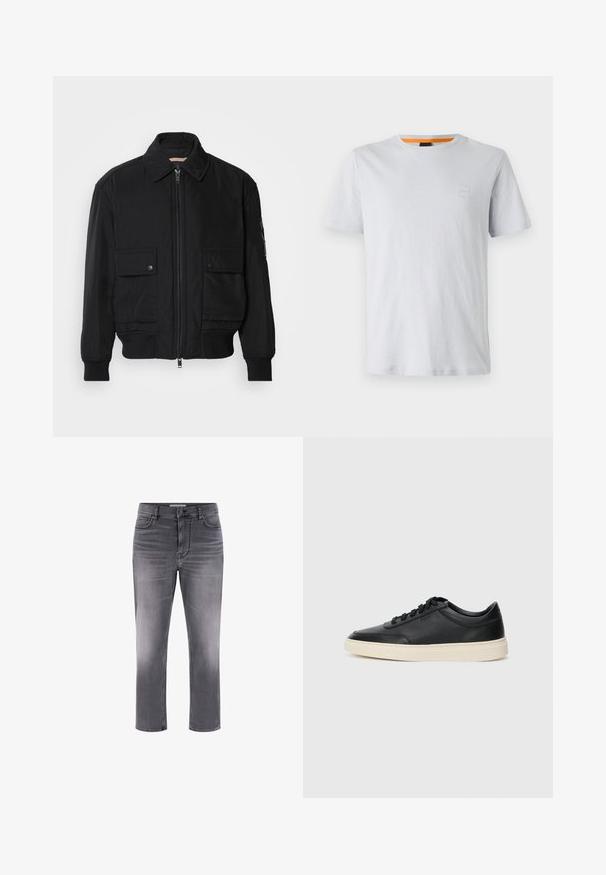 Jachetă bomber neagră, fabricată dintr-un material neted și ușor. Dispune de un fermoar frontal, două buzunare cu nasturi pe piept și manșete ribbrate.; Tricou scurt, de culoare gri deschis, din bumbac, cu un mic logo pe piept și un accent portocaliu contrastant la guler.; Jeans din denim gri, cu un design cu cinci buzunare, croi drept și un finisaj decolorat. Prezintă un sistem de închidere cu nasture și detalii de cusătură contrastante.; Sneaker din piele neagră, cu vârf jos, cu șireturi negre și talpă de un alb murdar, prezentat în profil lateral, pe un fundal alb.