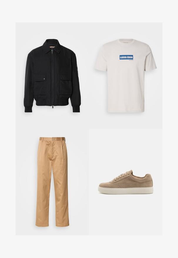 Giacca bomber nera realizzata in tessuto morbido e leggero. Caratterizzata da una chiusura con zip frontale, due tasche sul petto con bottone e polsini a costine.; T-shirt bianco in cotone con un logo rettangolare blu che presenta la scritta "calvin klein" e "new york city" in bianco sul davanti. Vestibilità classica.; Pantaloni kaki, in misto cotone, design a gamba dritta, con pieghe frontali, passanti per cintura e chiusura a bottone. Tessuto liscio senza fantasie.; Sneaker in suede beige con punta rotonda, suola piatta in gomma bianca e design con lacci. Presentano cuciture minimali e una fodera interna liscia.