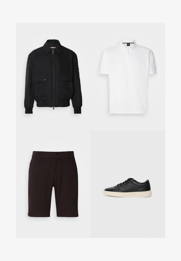 Melnā bomber jaka, izgatavota no gludas, vieglas auduma. Ar rāvējslēdzēju priekšā, diviem pogājamiem krūšu kabatām un ribotām piedurknēm.; Balts polo krekls, kas izgatavots no kokvilnas un poliestera maisījuma, ar apkakli, divu pogu aizdari un diskretu izšūtu logo uz krūtīm.; Melnas šortas, izgatavotas no gludas auduma, ar pogu aizdari, jostu cilpām un tīrām līnijām. Garums sasniedz nedaudz virs ceļa.; Melnas zemas ādas sporta kurpes ar melnām auklām un off-white zoli, rādītas no sānu profila uz baltā fona.