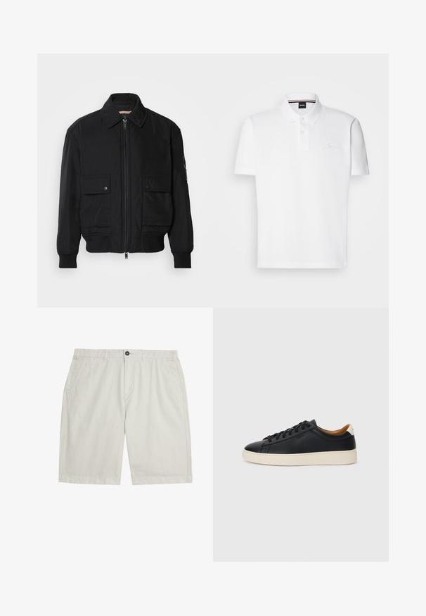 Giacca bomber nera realizzata in tessuto morbido e leggero. Caratterizzata da una chiusura con zip frontale, due tasche sul petto con bottone e polsini a costine.; Polo bianco realizzato in un mix di cotone e poliestere, dotato di colletto, pattina con due bottoni e un discreto logo ricamato sul petto.; Pantaloncini beige chiaro fino al ginocchio con tasche frontali, passanti per cintura, chiusura con bottone e tessuto pulito e liscio.; Sneakers in pelle nera con una texture liscia, suola in gomma beige, design con lacci e un accento del tacco in contrasto.