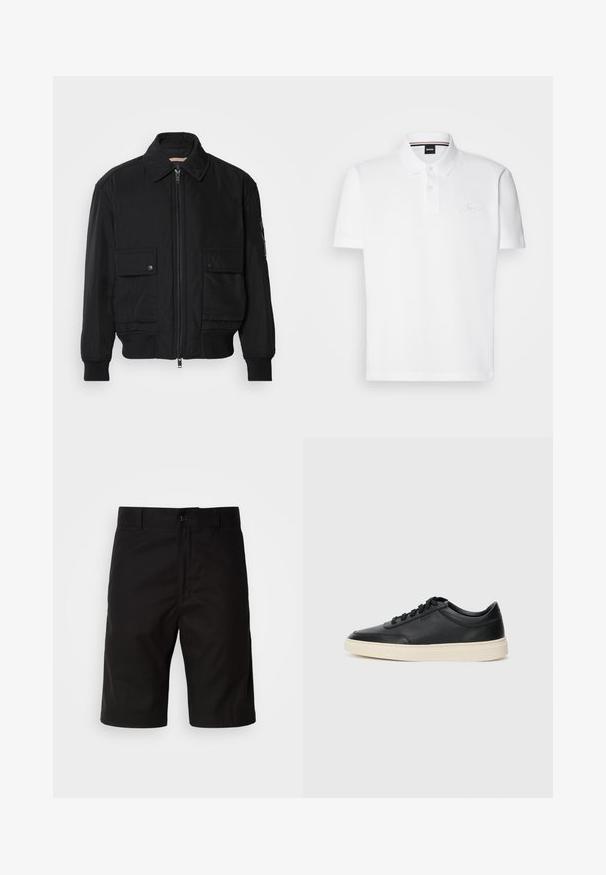 Melnā bomber jaka, izgatavota no gludas, vieglas auduma. Ar rāvējslēdzēju priekšā, diviem pogājamiem krūšu kabatām un ribotām piedurknēm.; Balts polo krekls, kas izgatavots no kokvilnas un poliestera maisījuma, ar apkakli, divu pogu aizdari un diskretu izšūtu logo uz krūtīm.; Melni šorti, izgatavoti no viendabīgas auduma, ar taisnu piegriezumu, pogu aizdari un gludu faktūru bez redzamām ornamentiem.; Melnas zemas ādas sporta kurpes ar melnām auklām un off-white zoli, rādītas no sānu profila uz baltā fona.