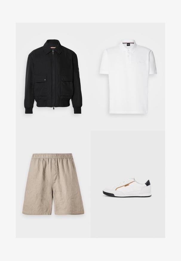 Zwarte bomberjack gemaakt van soepel, lichtgewicht materiaal. Voorzien van een ritssluiting aan de voorkant, twee knoopsluitingen op de borstzakken en geribbelde manchetten.; Witte polo shirt gemaakt van een katoen-polyester combinatie, met een kraag, twee-knoop sluiting en een subtiele geborduurde logo op de borst.; Linnen shorts in een lichtbeige kleur met een elastische tailleband en een ontspannen pasvorm, met een licht gestructureerd oppervlak.; Witte sportieve schoenen met gaas- en lederen accenten. Voorzien van een gouden "BOSS" logo, gestructureerde zijpanelen en een zwarte hakkap. Rubberen zool.