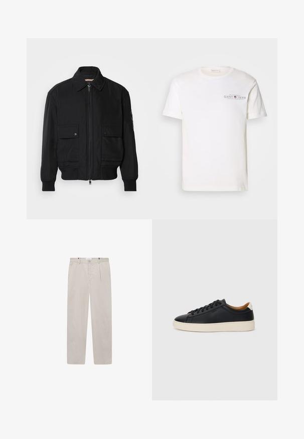 Melnā bomber jaka, izgatavota no gludas, vieglas auduma. Ar rāvējslēdzēju priekšā, diviem pogājamiem krūšu kabatām un ribotām piedurknēm.; Balta kokvilnas T-kreklu ar apaļu kakla izgriezumu, īsām piedurknēm un ar apdrukātu logotipu. Iezīmē minimālistisku dizainu un brīvu piegriezumu.; Gai beigu bikses, izgatavotas no mīkstas auduma, ar taisnu griezumu, divām sānu kabatām un priekšējo pogu aizdari. Viegls un gluds tekstūras pieskāriens.; Melni ādas sporta apavi ar gludu tekstūru, bēša krāsas gumijas zole, auklu aizdare un kontrastējošs papēža akcents.