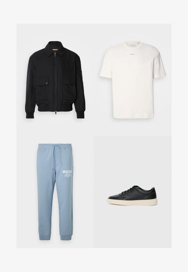 Melnā bomber jaka, izgatavota no gludas, vieglas auduma. Ar rāvējslēdzēju priekšā, diviem pogājamiem krūšu kabatām un ribotām piedurknēm.; Balta kokvilnas T-kreklu ar apaļu kaklu, īsām piedurknēm un izšūtu "Calvin Klein" logotipu krūšu centrā. Vienkāršs dizains.; Gaiši zili treniņbikses, izgatavotas no mīkstas auduma, ar elastīgu jostu un auklu, kā arī baltu logo uz kreisās augšstilba.; Melnas zemas ādas sporta kurpes ar melnām auklām un off-white zoli, rādītas no sānu profila uz baltā fona.