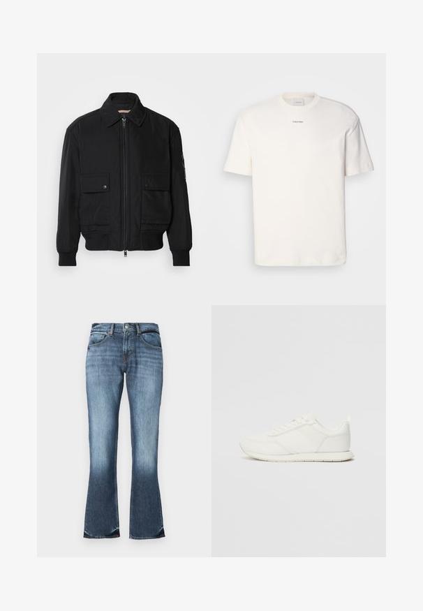 Μαύρο μπουφάν bomber φτιαγμένο από μαλακό, ελαφρύ ύφασμα. Διαθέτει φερμουάρ μπροστά, δύο τσέπες με κουμπιά στο στήθος και ριμπ μανσέτες.; Λευκό βαμβακερό T-shirt με στρογγυλή λαιμόκοψη, κοντά μανίκια και κεντημένο λογότυπο "Calvin Klein" στο κέντρο του στήθους. Απλή σχεδίαση.; Μπλε τζιν φαρδιά παντελόνια με μέση μέτριου ύψους, σχέδιο πέντε τσεπών και διακριτική φθορά για ένα φθαρμένο look. Λείο υλικό σε όλη την επιφάνεια.; Λευκό αθλητικό παπούτσι με επάνω μέρος από πλέγμα και συνθετικό υλικό, στρογγυλή μύτη, επίπεδους κορδόνια και υφή στη λωρίδα στο πλάι. Καουτσούκ σόλα με λαβή στο πίσω μέρος.