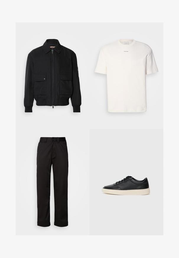 Melnā bomber jaka, izgatavota no gludas, vieglas auduma. Ar rāvējslēdzēju priekšā, diviem pogājamiem krūšu kabatām un ribotām piedurknēm.; Balta kokvilnas T-kreklu ar apaļu kaklu, īsām piedurknēm un izšūtu "Calvin Klein" logotipu krūšu centrā. Vienkāršs dizains.; Melnas bikses, izgatavotas no gluda auduma, ar rāvējslēdzēju, pogu aizdari un sarullētām piedurknēm ikdienejai apģērbam.; Melnas zemas ādas sporta kurpes ar melnām auklām un off-white zoli, rādītas no sānu profila uz baltā fona.