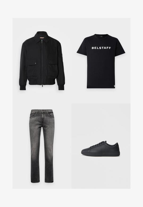 Black bomber jacket made of smooth, lightweight fabric. Features a zip front, two buttoned chest pockets, and ribbed cuffs.; Black cotton t-shirt featuring a round neckline, short sleeves, and white "BELSTAFF" logo printed across the chest.; 7 for all mankind CHECK OFF - Slim fit jeans - grey; Black sneakers made of smooth leather with a low-top design, round toe, and flat rubber sole. Features laces and subtle branding.