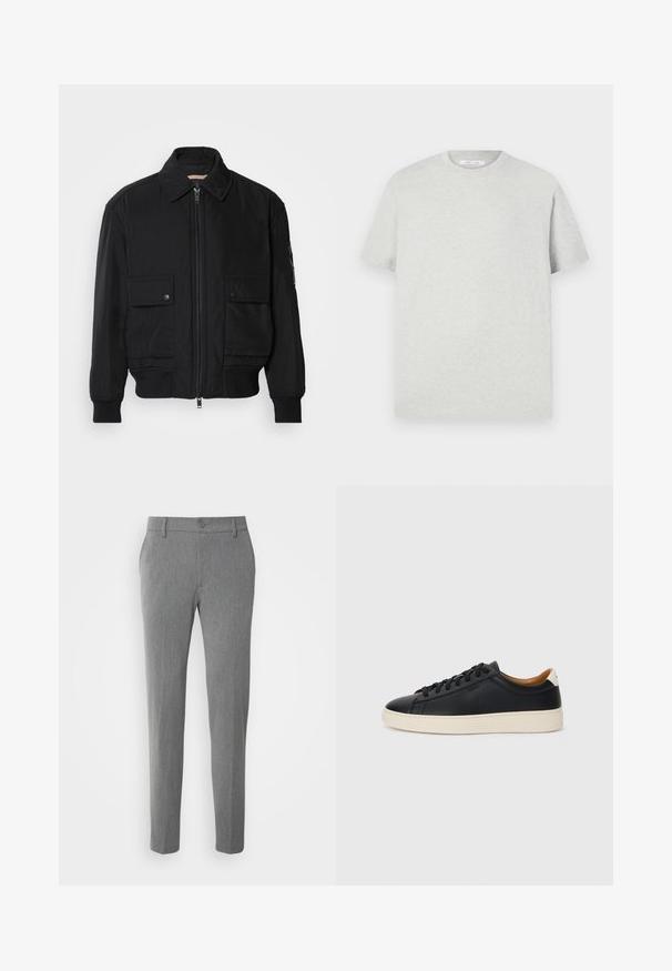 Črna bomberska jakna iz gladkega, lahkega materiala. Ima zadrgo spredaj, dva žepa na prsih s preklopom in rebraste manšete.; Svetlo siva majica s kratkimi rokavi, izdelana iz mehkega materiala, z okruglim ovratnikom in sproščenim krojem, brez vidnih vzorcev ali dodatkov.; Sive hlače iz teksturirane tkanine, ki se ponašajo s klasik oblikovanjem, gumbom za zapiranje in ravnim krojem.; Črne usnjene superge z gladko teksturo, bež gumijastim podplatom, zavezovalnim dizajnom in kontrastnim nagibom na peti.