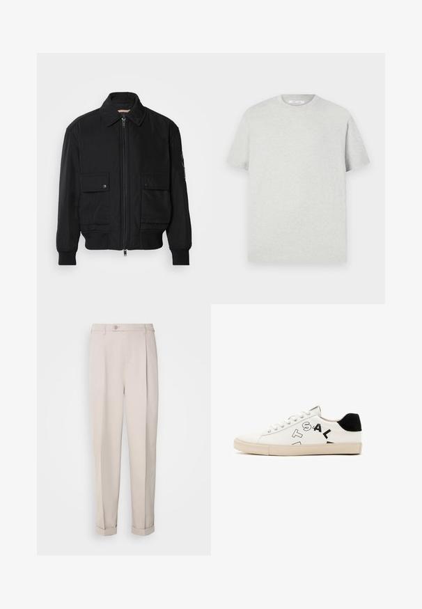 Black bomber jacket made of smooth, lightweight fabric. Features a zip front, two buttoned chest pockets, and ribbed cuffs.; Light grey short-sleeve t-shirt made of soft material, featuring a round crew neck and a relaxed fit with no visible patterns or accents.; Beige trousers made of smooth fabric, featuring a straight fit, single pleat, and rolled cuffs. Includes a front button closure.; White leather sneaker with black accents at the heel, featuring bold black lettering on the side and a rubber sole. Minimalist design.