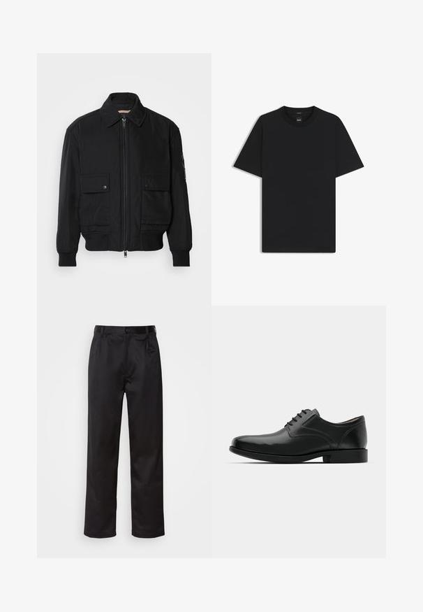 Svart bomberjacka gjord av mjukt, lättviktigt tyg. Har dragkedja fram, två knappade bröstfickor och ribbade ärmslut.; Svart kortärmad T-shirt i en mjuk bomullsblandning, med rundad halsringning och en minimalistisk design utan mönster eller detaljer.; Svarta byxor i slätt tyg med framknäppning, veck och raka ben. Inga synliga mönster eller detaljer.; Svart skinnklackskor med en glänsande yta, rund tå, snörningsdesign, kontrasterande sömmar och en låg gummihäl.