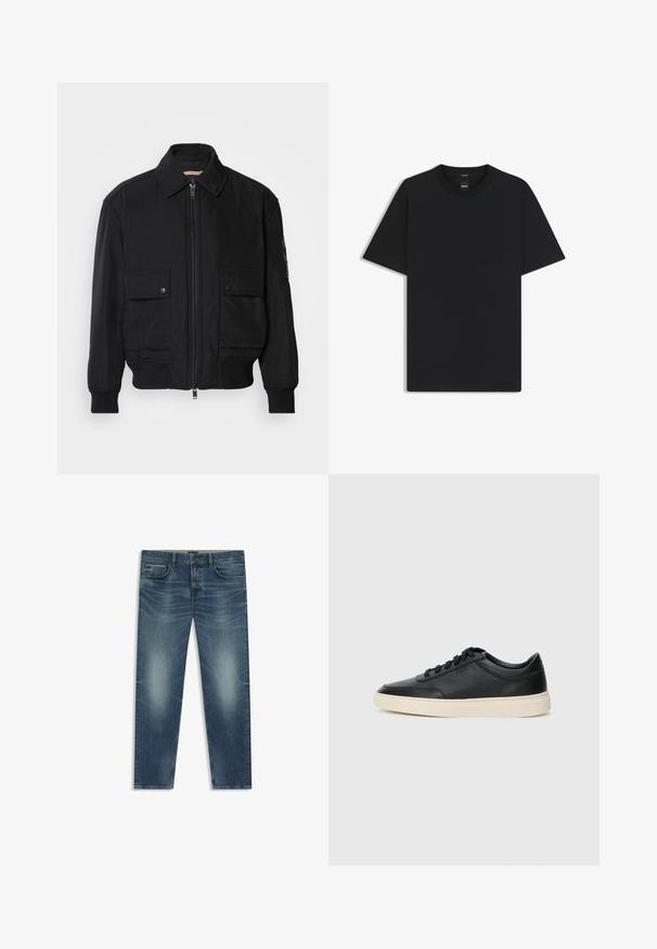 Chaqueta bomber negra de tejido suave y ligero. Cuenta con cierre de cremallera en la parte delantera, dos bolsillos en el pecho con botón y puños acanalados.; Camiseta negra de manga corta fabricada con una suave mezcla de algodón, que presenta un cuello redondo y un diseño minimalista sin patrones ni acentos.; Vaqueros de mezclilla azul con un diseño de pierna recta, que presentan un acabado desgastado, costuras en relieve, cinco bolsillos y cierre clásico de botón y cremallera.; Zapatilla negra de piel de caña baja con cordones negros y suela color crema, mostrada en perfil lateral sobre fondo blanco.