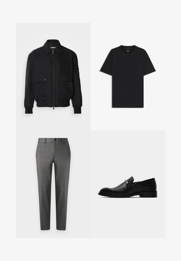 Zwarte bomberjack gemaakt van soepel, lichtgewicht materiaal. Voorzien van een ritssluiting aan de voorkant, twee knoopsluitingen op de borstzakken en geribbelde manchetten.; Zwarte korte mouwen T-shirt van een gladde katoenmix, met een ronde halslijn en een minimalistisch ontwerp zonder patronen of accenten.; Grijze op maat gemaakte broek met een gestructureerde stof, voorzien van een rechte pijp, voorzakken en een eenvoudige knoopsluiting in de taille.; Zwarte leren herenschoen met een metalen design en een lage hak, weergegeven vanuit de zijkant op een witte achtergrond.