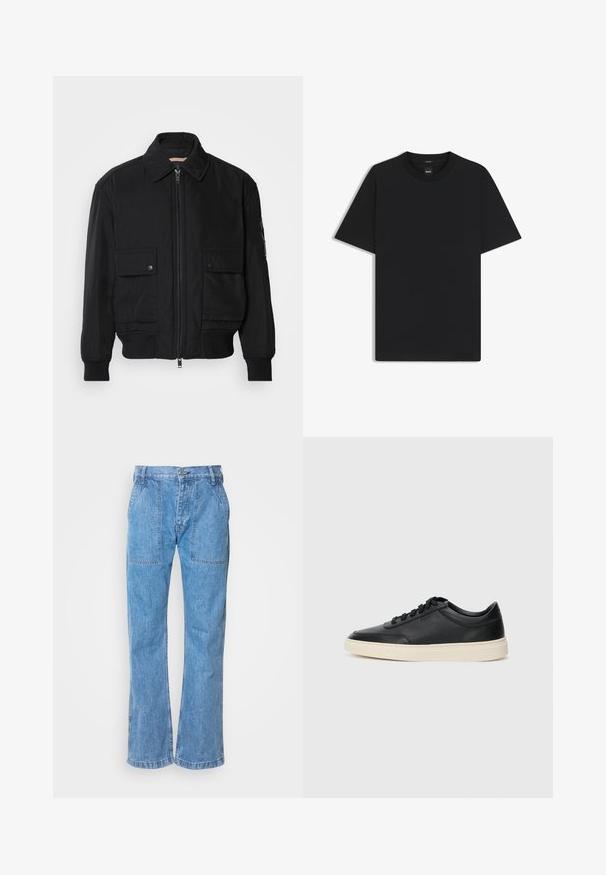 Czarna kurtka bombowiec wykonana z gładkiego, lekkiego materiału. Posiada zamek błyskawiczny z przodu, dwie kieszenie na piersi zapinane na guziki oraz ściągacze przy mankietach.; Czarny t-shirt krótki rękaw wykonany z gładkiej mieszanki bawełny, z okrągłym dekoltem i minimalistycznym designem bez wzorów czy akcentów.; Jasnoniebieskie dżinsy o luźnym kroju, z dwoma przednimi kieszeniami, zapięciem na guzik oraz widocznymi detalami w szwie.; Czarne niskie skórzane sneakersy z czarnymi sznurówkami i off-white podeszwą, prezentowane w profilu bocznym na białym tle.