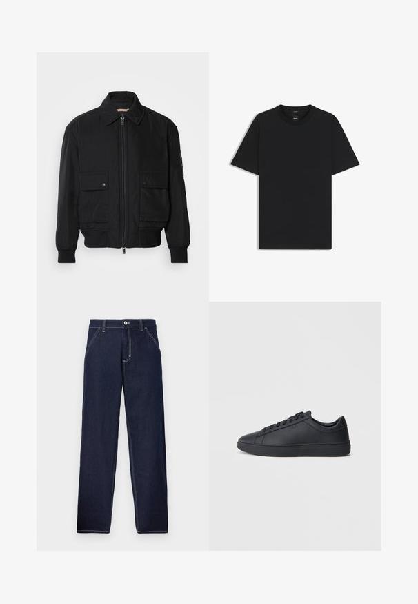Chaqueta bomber negra de tejido suave y ligero. Cuenta con cierre de cremallera en la parte delantera, dos bolsillos en el pecho con botón y puños acanalados.; Camiseta negra de manga corta fabricada con una suave mezcla de algodón, que presenta un cuello redondo y un diseño minimalista sin patrones ni acentos.; Pantalones de mezclilla azul oscuro con un diseño de pierna recta, que cuentan con costuras en contraste, cierre frontal con botones y estilo clásico de cinco bolsillos.; Zapatillas negras de cuero liso con diseño bajo, puntera redonda y suela plana de goma. Presentan cordones y una marca sutil.