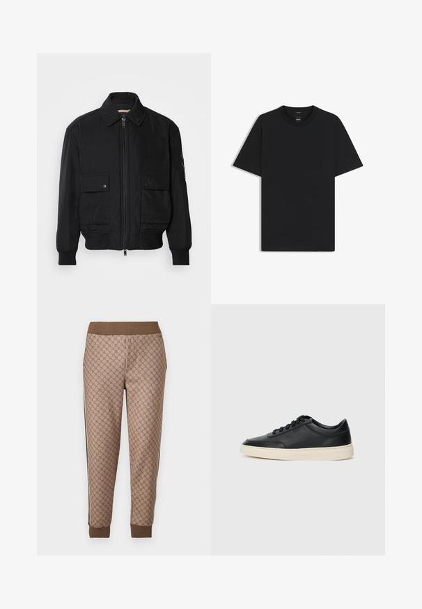 Czarna kurtka bombowiec wykonana z gładkiego, lekkiego materiału. Posiada zamek błyskawiczny z przodu, dwie kieszenie na piersi zapinane na guziki oraz ściągacze przy mankietach.; Czarny t-shirt krótki rękaw wykonany z gładkiej mieszanki bawełny, z okrągłym dekoltem i minimalistycznym designem bez wzorów czy akcentów.; Brązowe joggerki w wzory z elastycznym pasem, z powtarzającym się motywem logo, bocznymi paskami i ściągaczami u dołu dla lepszego dopasowania.; Czarne niskie skórzane sneakersy z czarnymi sznurówkami i off-white podeszwą, prezentowane w profilu bocznym na białym tle.