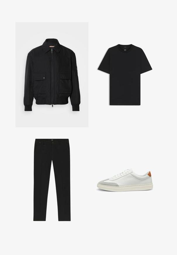 Czarna kurtka bombowiec wykonana z gładkiego, lekkiego materiału. Posiada zamek błyskawiczny z przodu, dwie kieszenie na piersi zapinane na guziki oraz ściągacze przy mankietach.; Czarny t-shirt krótki rękaw wykonany z gładkiej mieszanki bawełny, z okrągłym dekoltem i minimalistycznym designem bez wzorów czy akcentów.; Czarne spodnie wykonane z gładkiego materiału o prostym kroju. Posiadają kieszenie z przodu oraz ukryty zamek. Zawierają subtelny detal logo.; Białe skórzane tenisówki z szarymi zamszowymi akcentami oraz brązowym skórzanym zapiętkiem. Posiadają teksturowaną powierzchnię i lekką podeszwę.